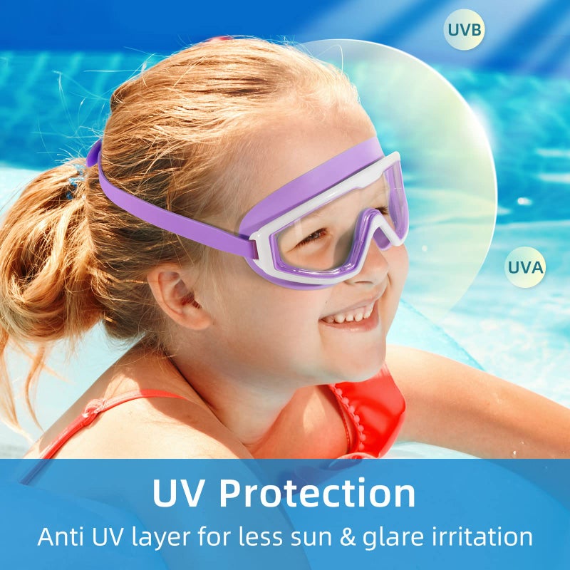 Freela Swim Goggles for Kids 6-14 4-7 8-12 3-6 2-4 3-5 3-10 4-8, Boys Girls Swimming Goggles Anti Fog UV Protection Waterproof No Leaking, Toddler Water Clear Beach Pool Goggles, light Blue & Purple - Image 3